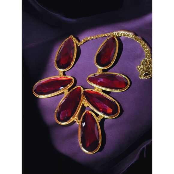 Bold Red & Gold Statement Necklace–Faceted Teardrop Bib – Gothic Glam -15” Drop - Picture 3 of 4
